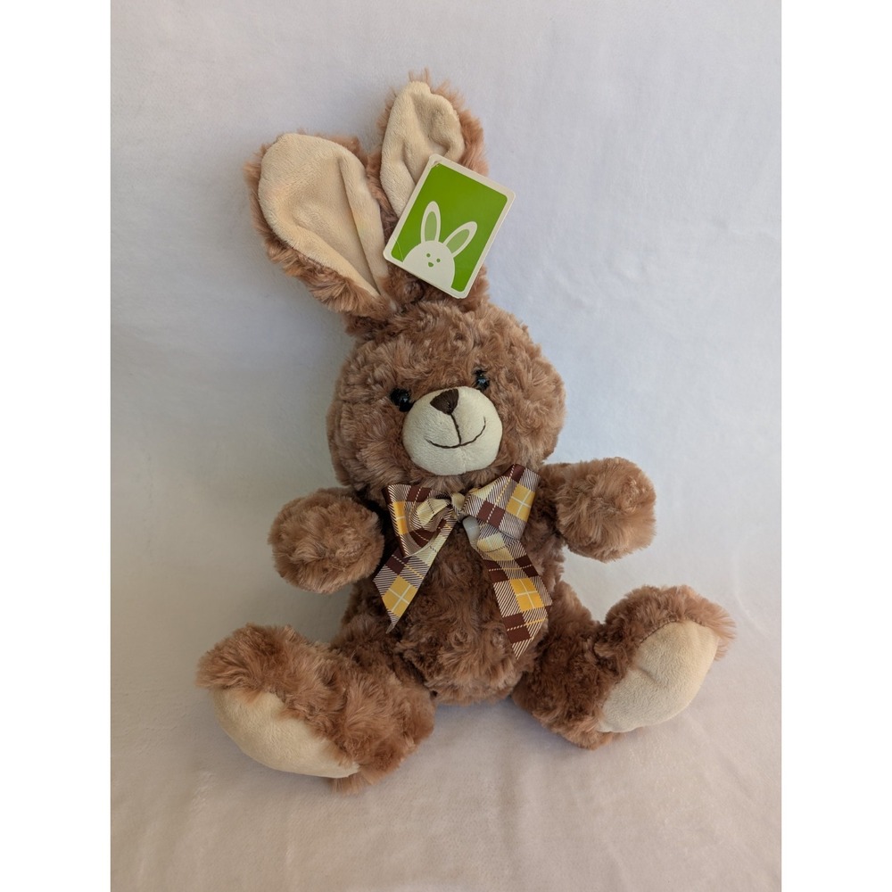 EASTER BUNNY 16" Plush KELLYTOY TAN STUFFED RABBIT PLAID BOW 2013 New‎ w/ Tags